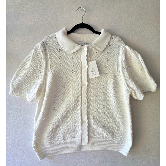 Free Assembly Sweaters - Free Assembly XL 16-18 White Cotton Pointelle Knit Cardigan Puff Sleeve NWT
